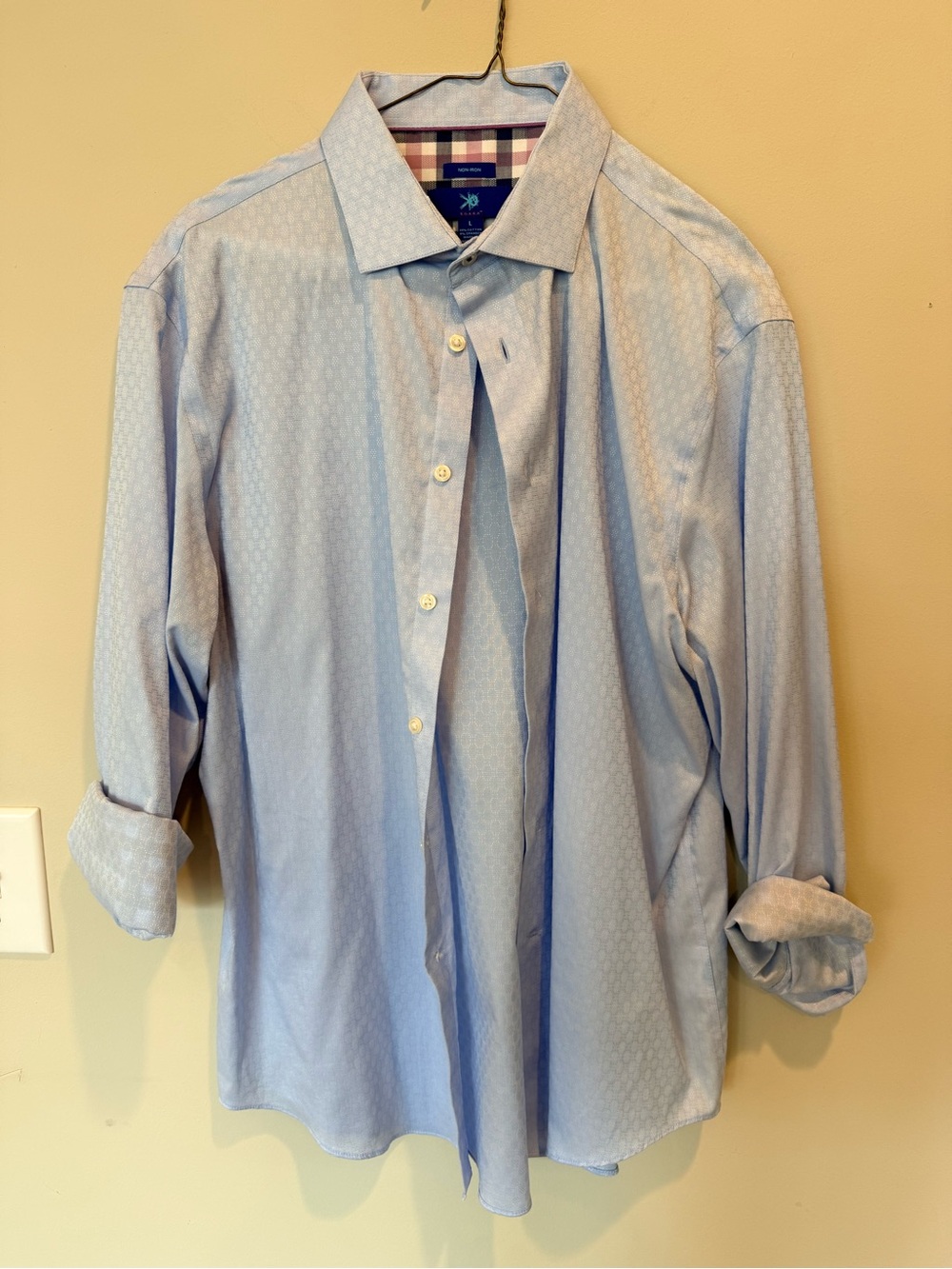 Egara Light Blue Patterned Men's Dress Shirt with Plaid Cuffs